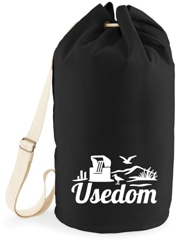 Huuraa Seesack Usedom Strandmotiv 20 Liter Black Baumwolle Rucksack Geschenkidee