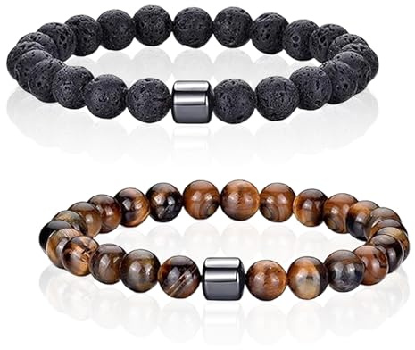 2Pcs Mens Beaded Bracelet Set 8mm Natural Stone Men's Bead Bracelet Adjustable Stretch Mens Wrist Bracelets for Men Father Boyfriend Brother Birthday Anniversary Valentine Gifts (Black, Amber)