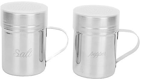 Shaker per condimento in acciaio inossidabile, confezione da 2, resistente shaker per spezie con coperchio e manico per sale, zucchero, pepe, spezie, ristorante, acciaio