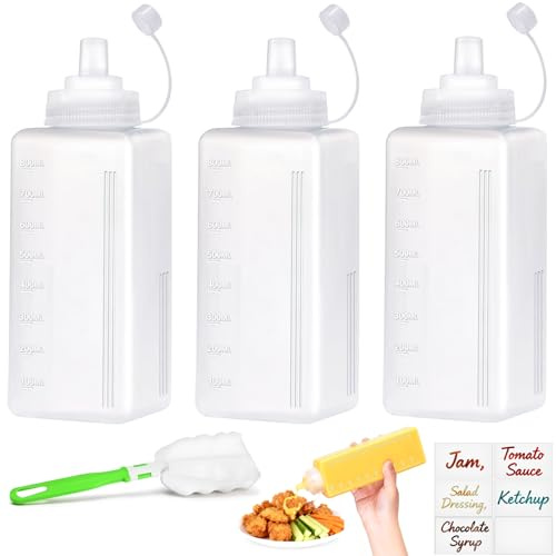 qjuwhua Klämflaska 3 stycken 800 ml plast squeeze flaska med lock såsflaska sprutflaska inget läckage kondiment-dispenser med etikettborste för ketchup vass sås olivolja måla