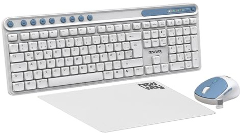 NEWWAY NKMP252 – Teclado inalámbrico ratón Set 2,4 GHz – QWERTZ alemán – teclas silenciosas, 14 teclas multimedia, ratón ergonómico ligero de 6 botones, alfombrilla de ratón incluida, batería de larga