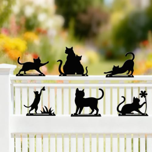DOODLREAM Lot de 6 décorations de clôture de chat noir en métal pour jardin, extérieur, décoration artistique en métal pour cour, design double face