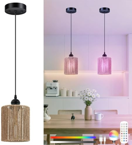 Akku Pendelleuchte Esstisch Hängelampe mit Batterie und Fernbedienung Dimmbar Esszimmerlampe E27 Vintage Geflochten Hängeleuchte mit RGB wiederaufladbaren Glühbirnen Für Schlafzimmer Wohnzimmer Küche