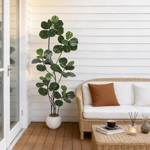 Garvee 7FT Faux Fiddle Leaf Fig Tree Artificial Plant, Realistic Rubber Leaves with Bendable Boughs, s-Shape Trunk in Modern Cement-Filled Planter, No Maintenance Home Office Decor