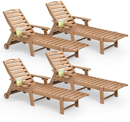 SUUNYN Lounge Chair Outdoor Set of 4 with Wheels, Adjustable 5-Position Chaise Lounge Outdoor, Patio Lounge Chair for Poolside Backyard, Teak