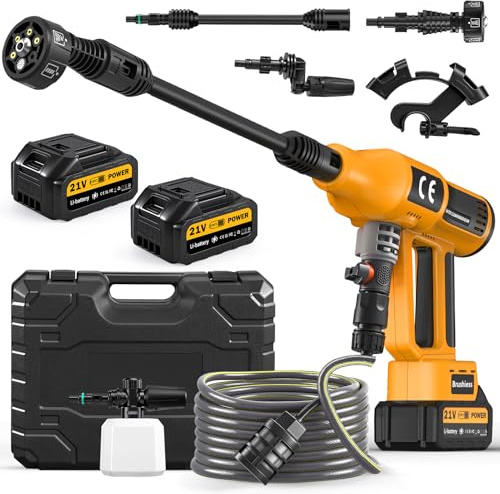 Dibaful Nettoyeur haute pression sans fil 200 bar | Pistolet portable avec 2 batteries de 4000 mAh | Pistolet de lavage sans fil 4 niveaux de débit d'eau réglable 6 en 1 Buse réglable 5 m Tuyau pour