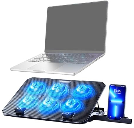 CAZSTYK Almohadilla de refrigeración LED para computadora portátil, 6 ventiladores silenciosos, soporte ajustable con 2 puertos USB, soporte para teléfono, soporte de refrigeración USB