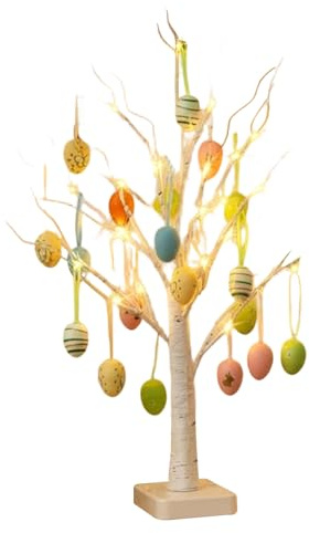 Generico Albero Pasquale - 60cm Betulla Illuminata con Uova LED Screpolate | Decorazione Pasquale Batteria USB | Ornament Primaverile Colorato Scrivania per Comodino, 24 Uova Incrinate