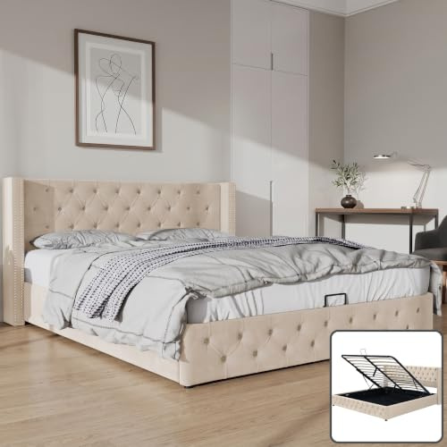 AliSefaiy Hydraulisches Stauraumbett, Bett 180x200cm mit Stauraum, Polsterbett, Jugendbett mit Knopfnähte Kopf-und Fußende, Doppelbett mit Ohrenform Doppelte Nietenreihe, Samt (Beige)