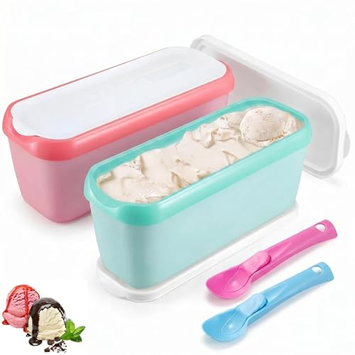 2 Piezas Recipientes para Helados, 1.5L Contenedor con Tapas para Helado | Contenedores de Hielo para Helados con 2 Cucharas Reutilizables Sin BPA para Gelato Yogur y Sorbete Caseros