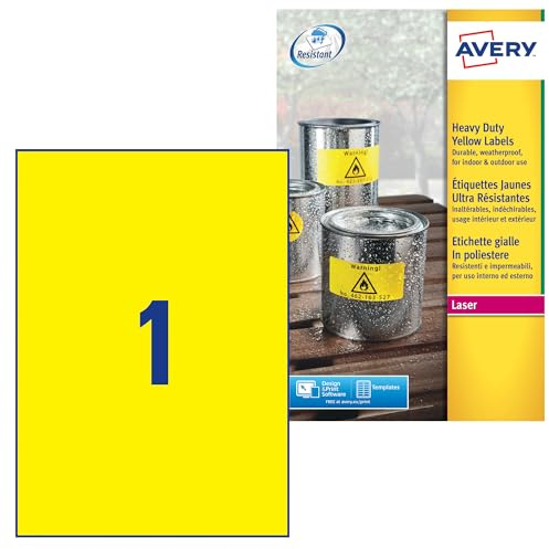 AVERY Zweckform L6111-20 Wetterfeste Folienetiketten (20 Signalaufkleber, 210x297mm auf A4, extrem stark selbstklebend, wasserfest, strapazierfähig, bedruckbare Outdoor Klebefolie) 20 Blatt, gelb