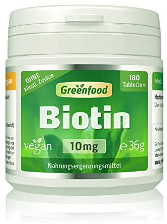 Biotin, hochdosiert, 10mg - 180 Tabletten, vegan. Vitamin B7 (Biotin) - das Beauty-Vitamin für gesunde Haut und Haare. OHNE künstliche Zusätze - laborgeprüft. Von Greenfood.