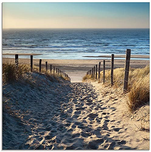 ARTLAND Wanddeko Glasbilder Wandbild Glas Bild einteilig 50x50 cm Quadratisch Strand Meer Küste Nordsee Natur Landschaft Sommer Dünen Sand Gräser T9IP
