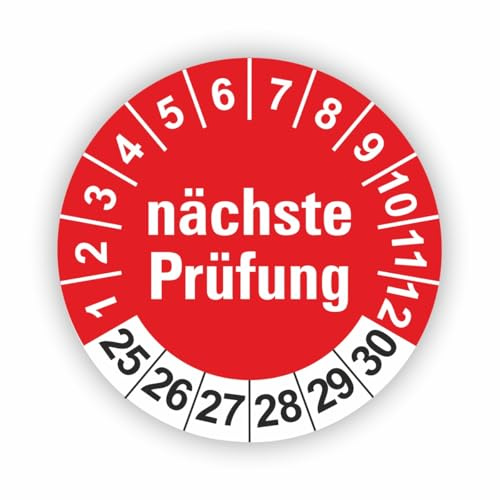 Fassbender-Druck PRÜFPLAKETTEN - Hochwertige Prüfetiketten NÄCHSTE PRÜFUNG Ø 20mm - Selbstklebende PVC-Folie - Wartungsetiketten für Prüfung - Prüfplakette für Prüfungsnachweis (10 Stück)