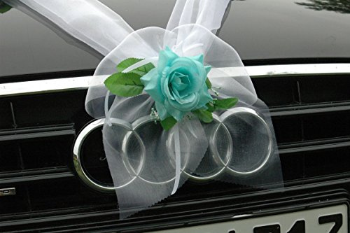 Organza M Auto Schmuck Braut Paar Rose Deko Dekoration Autoschmuck Hochzeit Car Auto Wedding Deko Girlande PKW (Türkis/Weiß)