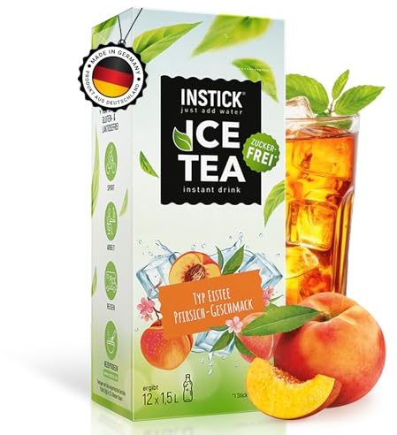 INSTICK Eistee Getränkepulver – Pfirsich 12 Sticks je 1,5–2,5L – Zuckerfreies Erfrischungsgetränk mit Vitamin C & Schwarztee-Extrakt – Für bis zu 30L Wasser mit Geschmack