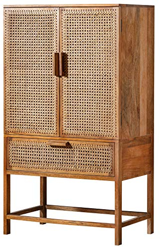 Invicta Interior Massives Highboard Bamboo Lounge 140cm Mangoholz Bambus Sideboard Anrichte Hochschrank mit Wiener Geflecht