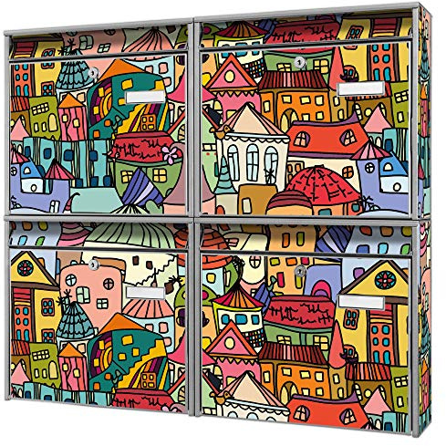 banjado Briefkastenanlage 4 Fach - Postkästen groß - verzinkter Stahl Silber DIN A4 Motiv Funky Town - Briefkasten Set 4 Briefkästen Namensschild, 2 Schlüssel, Montagematerial