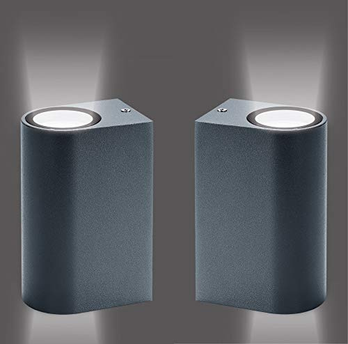 Trango 2er Pack 8012-RSA2 IP44 Alu Up & Down Light in Rund Anthrazit-Schwarz mit Dämmerungssensor (Tag & Nacht Auto-Schaltung) Außen & Innen Wandlampe, Außenlampe ohne Leuchtmittel