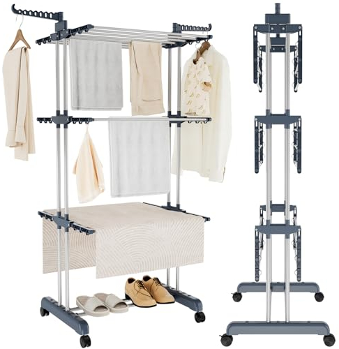 Trintion Clothes Drying Rack 3 Tier Adjustable Rolling Laundry Hanger with Foldable Wings Large Stainless Steel Garment Dryer with Casters for Outdoor Indoor