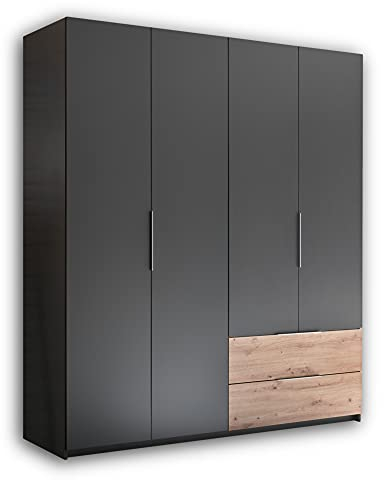 FOLD Kleiderschrank mit platzsparenden Falttüren - Graphit, Artisan Eiche Optik - Vielseitiger Falttürenschrank mit viel Stauraum - 182 x 210 x 59 cm (B/H/T)