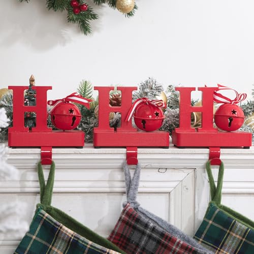 UNIQOOO Hohoho-Weihnachtsstrumpfhalter, 3er-Set, max. 0.9 kg, robust, gepolsterter Griff, HoHoHo-Weihnachts-Kaminhaken, Kamin-Girlanden, Kranz, Dekoration, mit Glocken, Zuckerstangen-Bändern