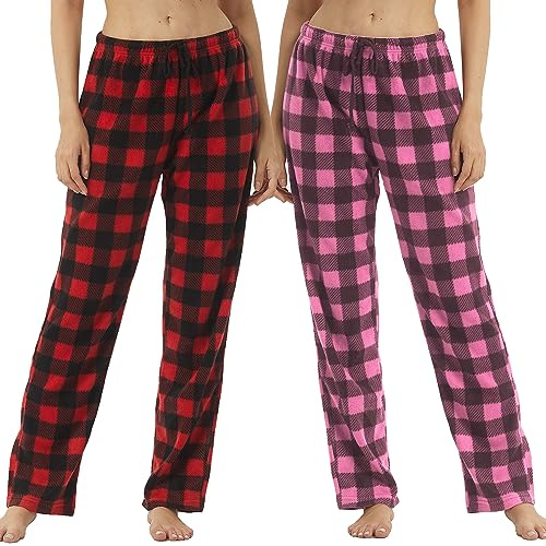 1-2-pack pyjamasbyxor för kvinnor fleece rutiga pyjamasbyxor mjuka bekväma sov-loungebyxor, Red Black+pink Black, S