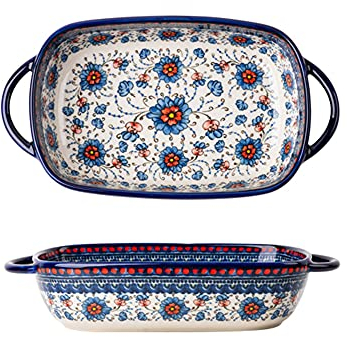 Bicuzat Blue and Orange Flower Vintage Style Ceramic Bakeware Casserole Dish Baking Pan Lasagna Pans with Handles for Oven/Cooking/Kitchen-1 PCS-22 OZ