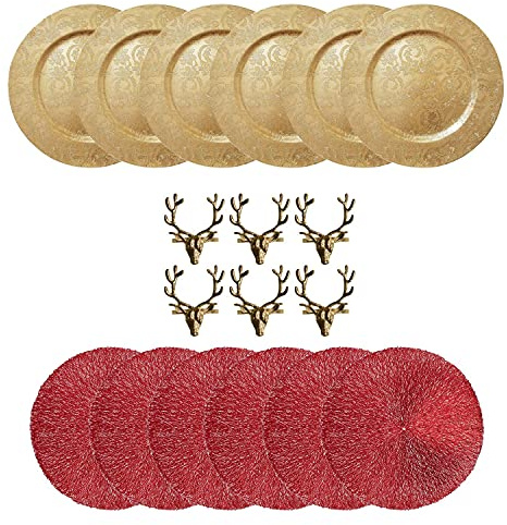 YöL Gold And Red Christmas Festive Dinner Table Setting Plate Placemat Napkin Ring