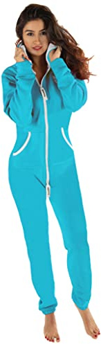 Gennadi Hoppe Damen Jumpsuit Hausanzug Overall Frauen Onesie Ganzkörperanzug Einteiler Baumwolle bequem kuschelig lässig sportlich trendy stylisch weich warm locker türkis M H6140