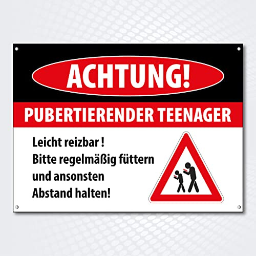 Schild Achtung! Pubertierender Teenager – 250x180 mm | lustiges Hinweisschild aus robustem Alu-Dibond mit Lochbohrungen | Betreten auf eigene Gefahr | wetterfest & langlebig