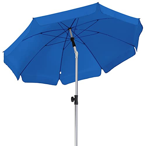 LIFERUN Sonnenschirm, 200 cm Balkonschirm, Neigbar, Höhenverstellbar, UPF 50+ Strandschirm mit Klappfunktion, 8 Stahlverstrebungen, stabil, geeignet für Balkon, Garten und Terrasse, Blau