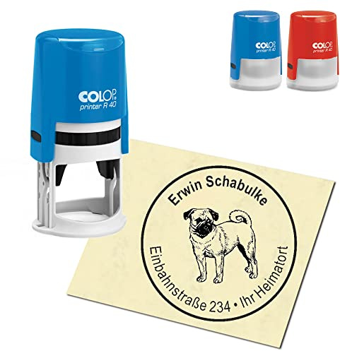 Stempel Adressstempel personalisiert - Mops - rund ∅ 40mm Automatikstempel als Firmenstempel Namensstempel Bürostempel