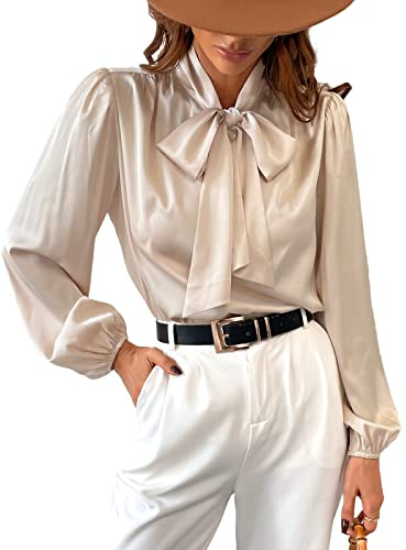 CUPSHE Blusa de Satén Tipo Camisa para Mujer con Lazo de Manga Larga Cuello Alto Brillante para Trabajo Blusas Casuales, champán, L