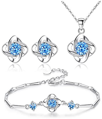 FFWTPY 3 Stück Knoten Schmuckset Kristall Anhänger Halskette Armband Ohrringe Damen Silber Schmuck Juwelenkollektion
