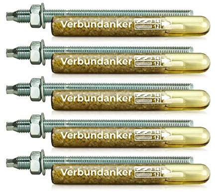 Isolbau Verbundanker Set - Verbundankerpatrone styrolfrei V12 + Ankerstange verzinkt M12 x 220 - ETA/ETAG Zulassung - 5 Stück