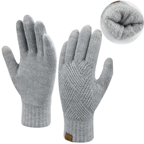 Bequemer Laden Mujer Invierno Guantes Caliente de Punto Guantes Tactiles con Forro Polar Térmico de Doble para Tiempo Frío, Gris Claro