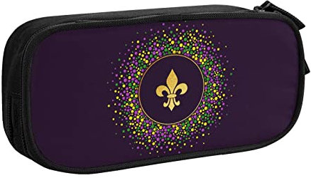 BAAROO Mardi Gras Lila Gold Fleur de Lis Federmäppchen Fächer Stifteetui Box Multifunktionale Make-up-Tasche Halter Große Aufbewahrung Schreibwaren Organizer mit Reißverschluss für Büro Reisen, #492,