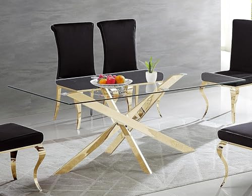 Goderfuu Modern Dining Table for 4-6 People, 51 Rectangle Dining Room Table with Gold Stainless Steel Base Rectangular Tempered Glass Dining Table, Kitchen Dining Room Tables Luxury Dinner Table