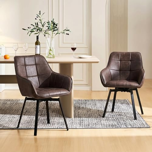 CLIPOP Esszimmerstühle 2er Drehbar Set mit Armlehne, Kunstleder Polsterstuhl Gepolstert Sitz Küchenstuhl Drehstuhl Armlehnenstuhl für Esszimmer Wohnzimmer Büro (2er Set, Kunstleder Braun)