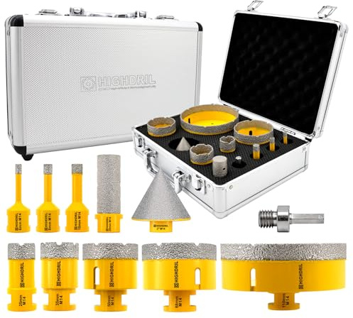 HIGHDRIL Foret Diamant Kit 11pcs(6/8/10/25/35/50/68/110mm Mèches Diamantées+20mm Fraise Diamant+50mm Mèches de Chanfrein+Adaptateur) Scie Cloche pour Carrelage Céramique Porcelaine Marbre Granit