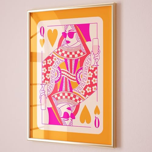 Queen of Hearts Playing Card Funky Wall Art Print - Vibrant Orange and Pink (A3)