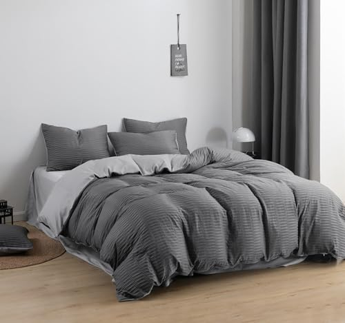MetersGod Seersucker Ropa de cama de 135 x 200 cm, 2 piezas, gris oscuro, juego de ropa de cama de microfibra, funda nórdica de 135 x 200 cm con cremallera y funda de almohada de 80 x 80 cm, suave y
