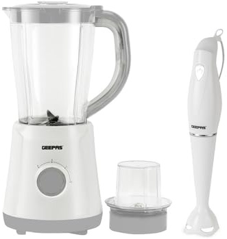 GEEPAS 500W Electric 1.5L Jug Blender & 200W Hand Blender Combo Set | Food Processor, Smoothie Maker, Stainless Steel Blades, 2 Speed Pulse, Spice Jar, Soup Mixer, Detachable Stick, Easy Cleaning