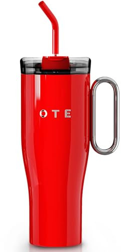 OTE 40oz Thermobecher mit Strohhalm und Henkel, Doppelwandiger Edelstahl Vakuum Isolierbecher mit Deckel, Kaffeebecher to go, Tragbare Autobecher Becher Tumbler für Heißer und Kalter Getränke, Rot