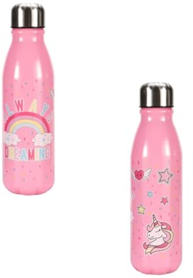 TDL Kids Childrens Unicorn Design Water Bottle, 600ml, Aluminium, Pink, Girls School Picnic Water Bottle