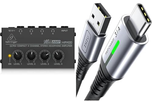 Behringer MICROAMP HA400 Ultra-Compact 4 Channel Stereo Headphone Amplifier & INIU USB C Charger Cable 2m 3.1A Type C Cable Fast Charging, Braided USB A to USB-C Phone Charger
