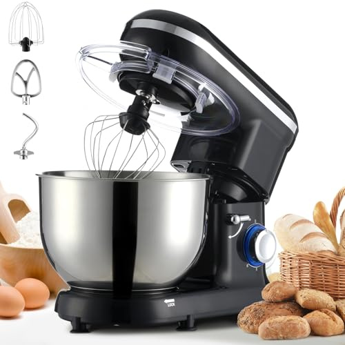 Warmiehomy 1400W Stand Food Mixer for Baking, 5.5L Electric Kitchen Dough Cake Mixer with Stainless Steel Bowl, Beater, Dough Hook, Whisk for Baking, Black