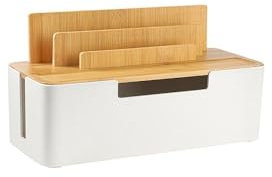 BUYSK Cable Management Box with Wooden Lid, Multi-Device Organizer for Phones/Tablets/Smartwatches, Desktop Cord Organizer for Tidy Workspace (White)