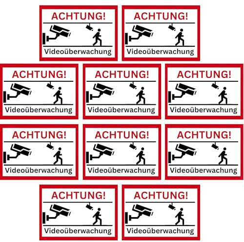 Olanmarp Lot de 10 autocollants de vidéosurveillance de qualité supérieure - Protection efficace contre le cambriolage grâce aux couleurs de signal accrocheuses - Résistants aux intempéries, aux UV et